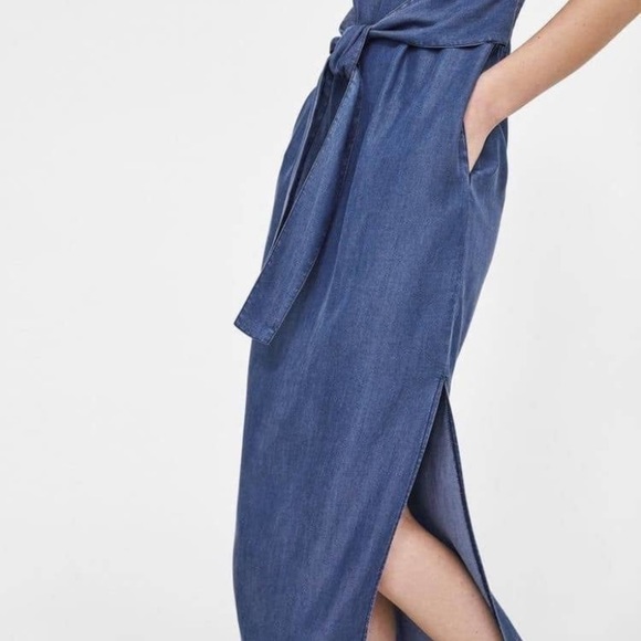Zara Smocked Waist Maxi Sleeveless Tie Waist Chambray Denim Blue Dress Small - Picture 4 of 10